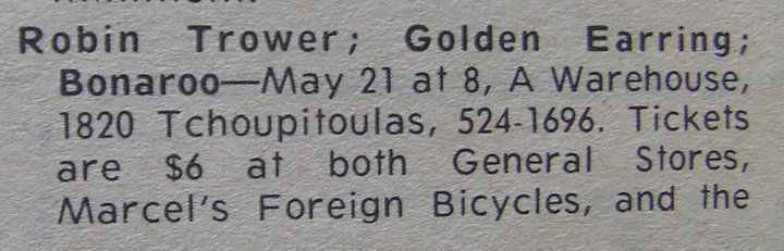 Robin Trower show announcement with Golden Earring May 21, 1975 show Warehouse - New Orleans